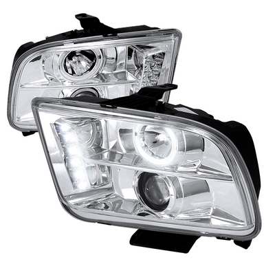 2005-09 Ford Mustang Single Halo LED Projector Headlights Lights, Chrome