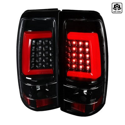 1999-02 Silverado, 99-06 Sierra Led Bar Tail Lights-Full Glossy Black Housing/Clear Lens -Red Bar