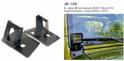 Windshield Auxiliary Single Light Mounting Brackets, Jeep Wrangler 2007-2013
