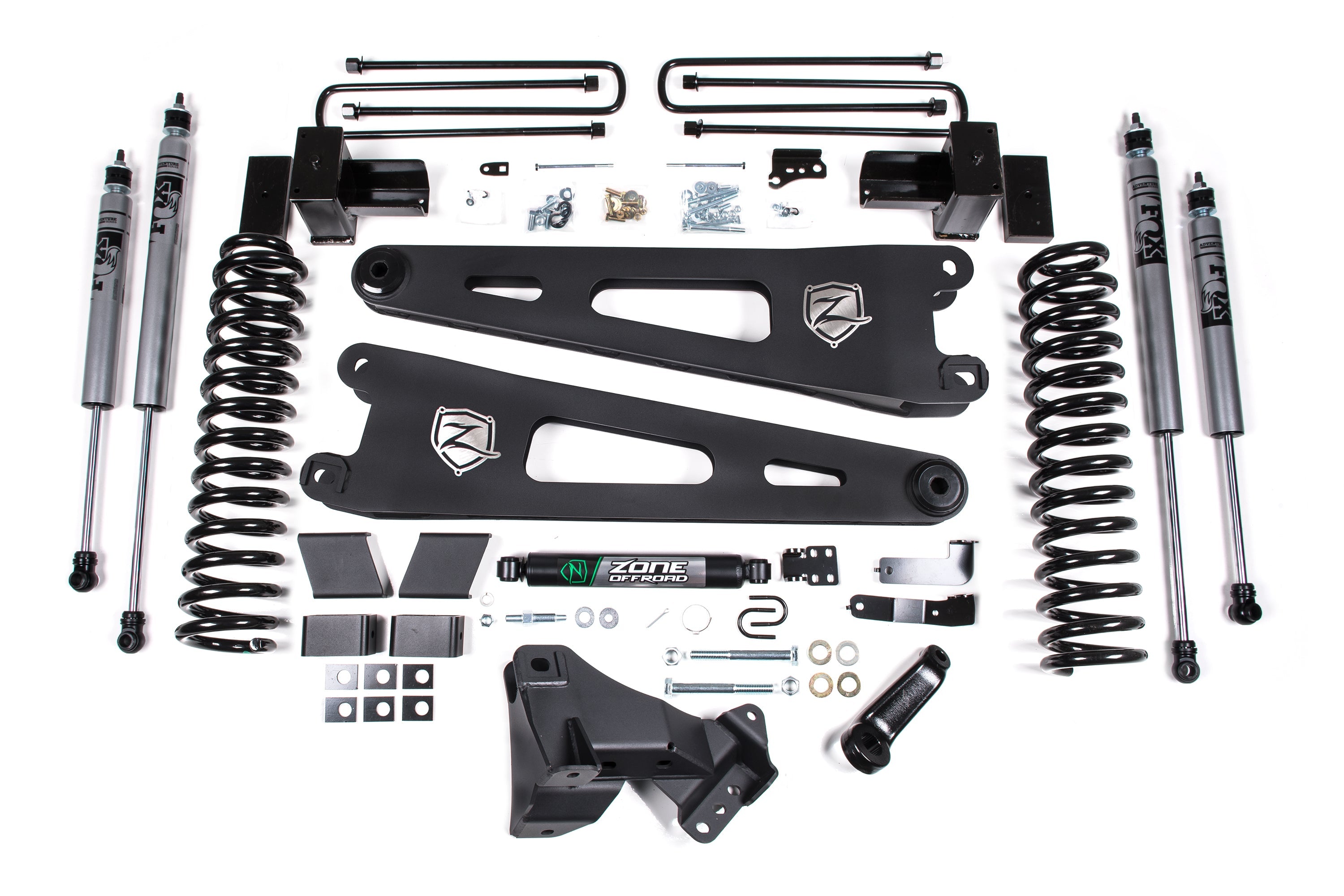 2017-2019 F250/F350 4 inch Radius Arm Suspension Lift Kit, 2 inch Rear, Block, Gas, 2 Leaf Main - Fox Adventure Series Shocks