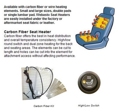 Heated seat element, carbon style. Two 11 x 18 pads for one seat with round 3 position switch and wiring harness.