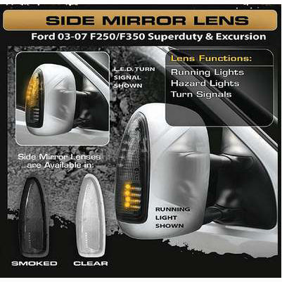 2003-07 F250/F350 Side Mirror Lenses (2-Piece Set) W/ LED Amber Turn Signals, Smoked Lens