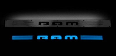 2002-13 Ram1500 & 03-13 2500/3500 Billet Door Sills, in Black Finish, RAM in BLUE ILLUMINATION