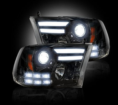 2013-18 Ram 1500, 2013-18 2500/3500 (w/OE projectors) Projector Headlights, Smoked/Black