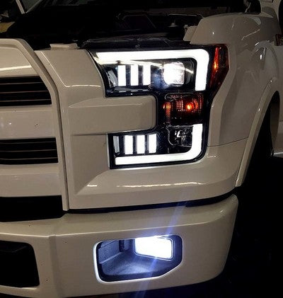 2015-17 F150 LED Projector headlights w/OLED DRL, Black/smoke (Fits trucks w/OE LED headlights)