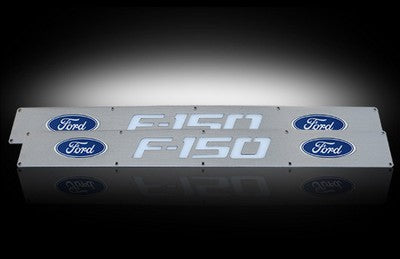 2004-13 F150 Billet Door Sills in Brushed Finish, F150 & Ford Logo in BLUE ILLUMINATION