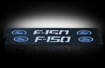 2004-13 F150 Billet Door Sills in Black Finish, F150 & Ford Logo in BLUE ILLUMINATION