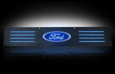 2004-13 F150 Billet Door Sills in Black Finish, Ford Logo in BLUE ILLUMINATION