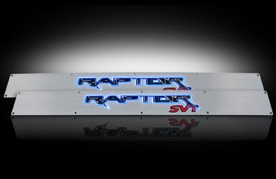 2009-13 SVT RAPTOR Billet Door Sills in Brushed Finish, RAPTOR in BLUE ILLUMINATION